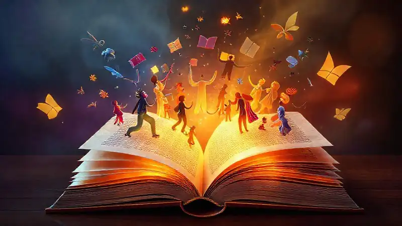Libro abierto brillante con personajes colaborando