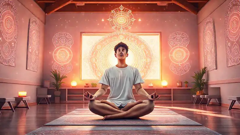 Estudiante meditativo rodeado de simbolismo espiritual