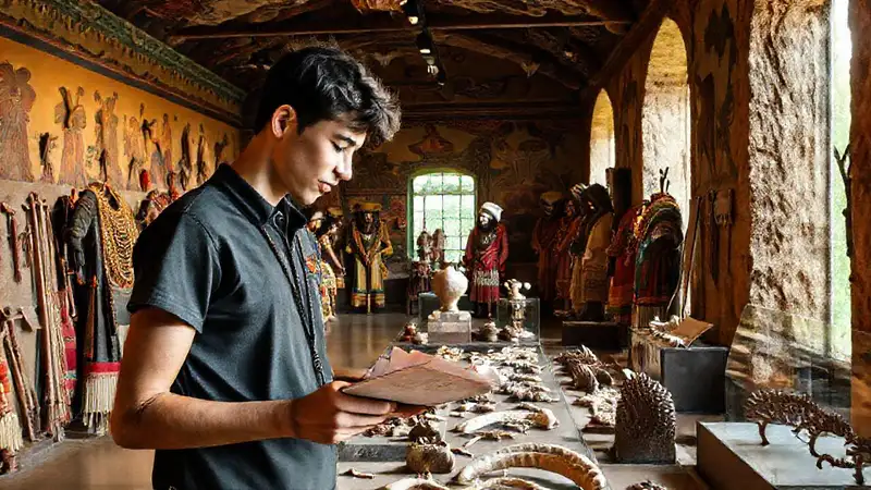 Estudiante de antropología explora artefactos históricos en museo