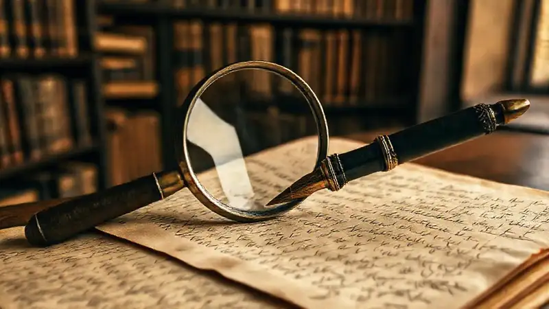 Documentos antiguos en archivo con lupa