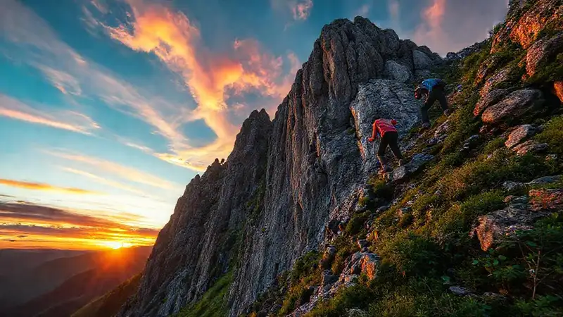 Atletas aventureros alcanzan cumbre al atardecer