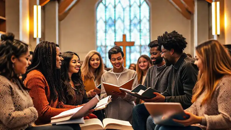 Estudiantes de teología dialogando en iglesia moderna