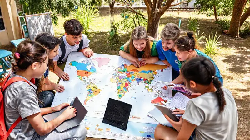 Estudiantes colaboran con recursos en un mapa