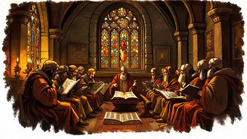 Reunión religiosa con textos y vitrales antiguos