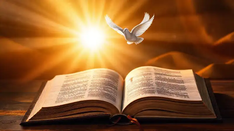 Biblia luminosa con símbolos espirituales inspiradores