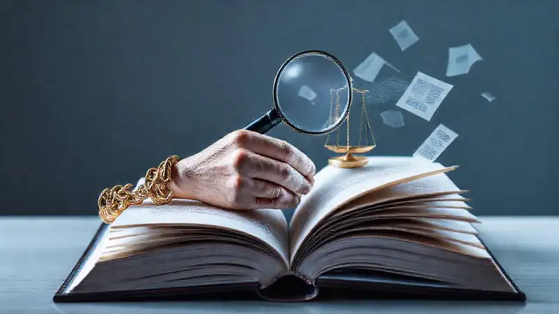 Libro abierto con símbolos de justicia y conocimiento