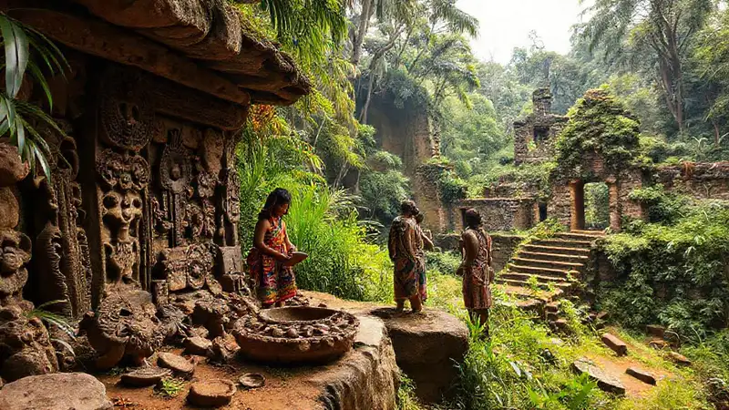 Arte indígena y ruinas en selva vibrante