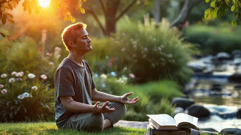 Persona meditativa en jardín tranquilo durante amanecer