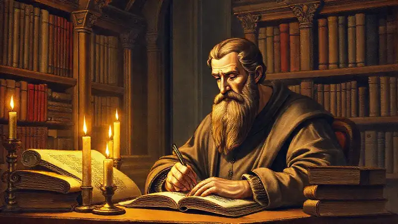 San Agustín en biblioteca clásica iluminada