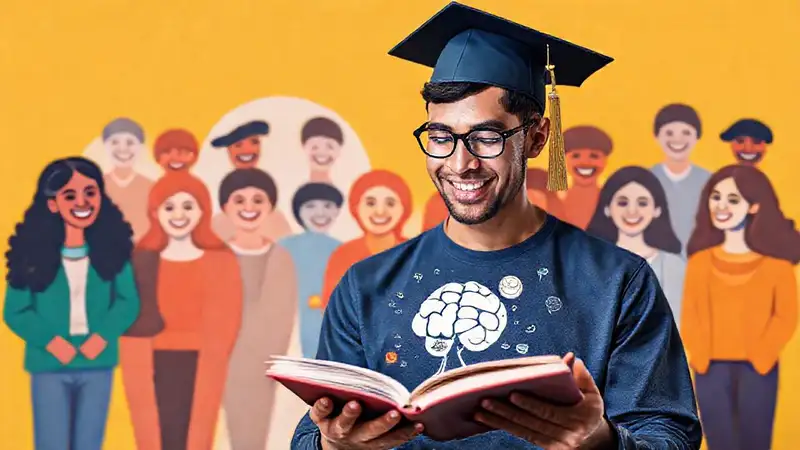 Estudiante de psicología con libro y motivación