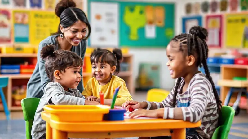 Niños inclusivos en aula vibrante y positiva