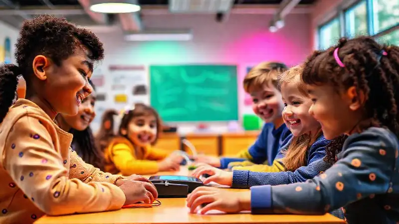 Niños diversos aprenden con tecnología adaptativa