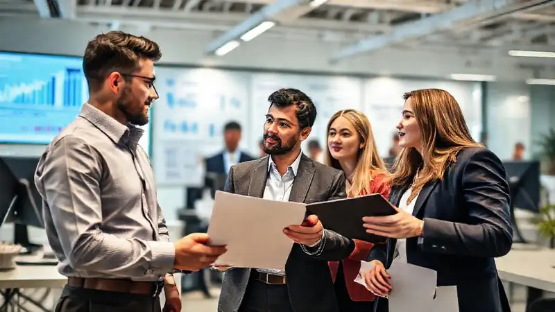 Profesionales en oficina analizando datos y colaborando