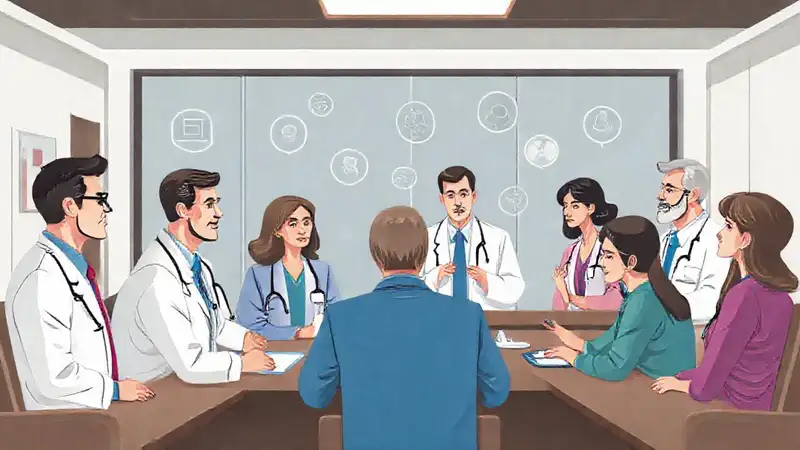 Reunión ética médica en hospital moderno