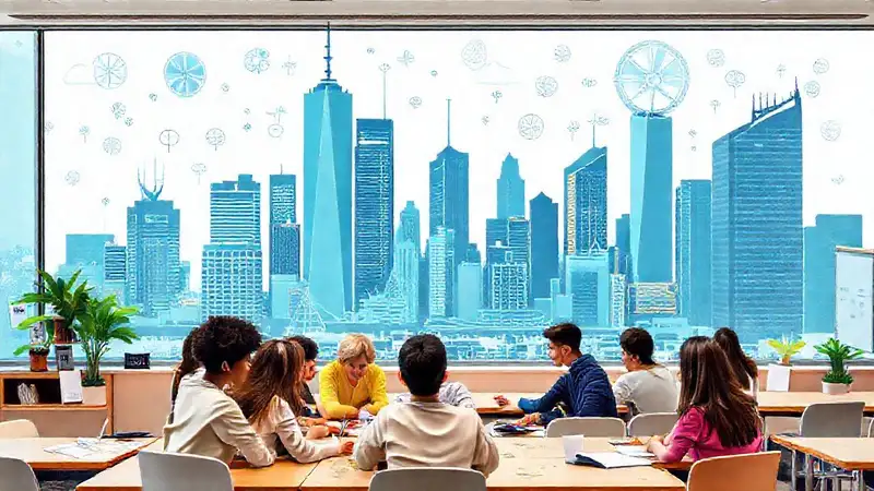 Estudiantes colaborando en aula moderna colorida