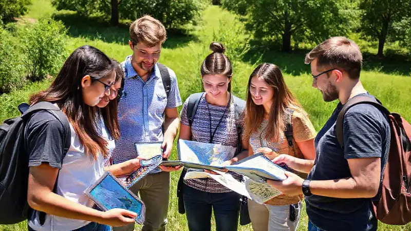 Estudiantes practicando mapeo GIS afuera en grupo