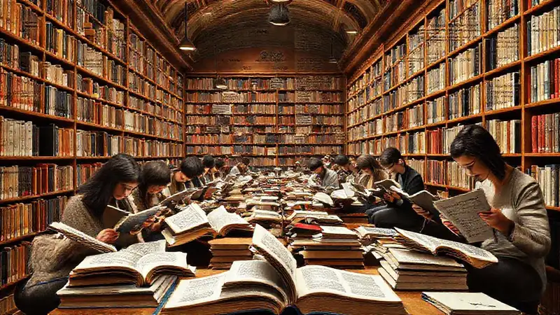 Biblioteca moderna con lectores y libros abiertos