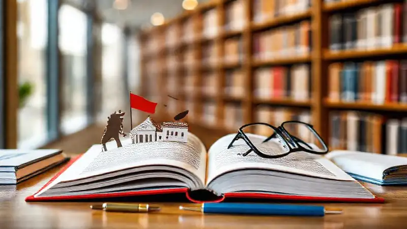 Libro abierto con símbolos políticos en escritorio