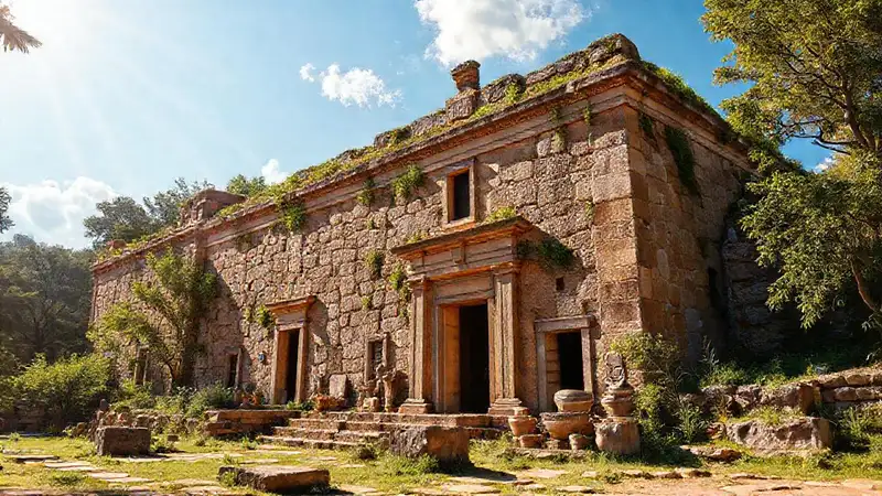 Fachada antigua de museo en sitio arqueológico