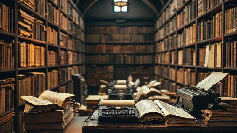 Biblioteca antigua con libros y objetos históricos