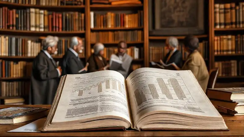Biblioteca con libros, gráficos y discusión académica