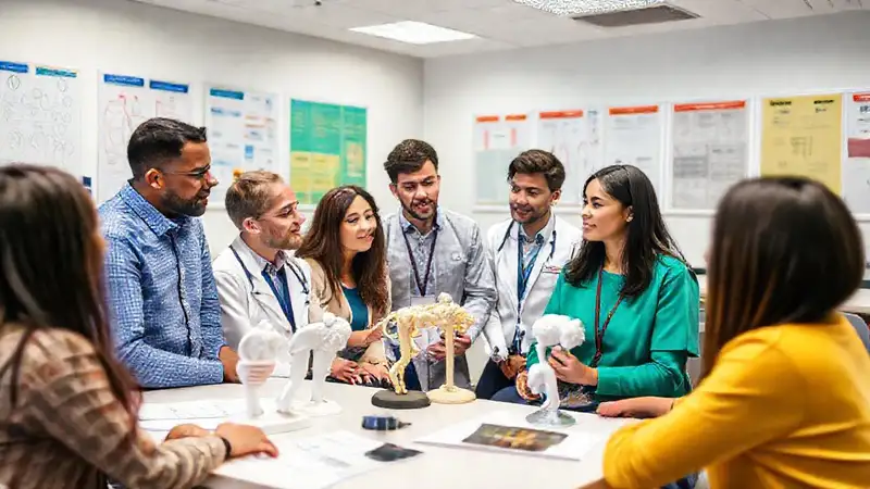 Sesión educativa con estudiantes y modelos médicos
