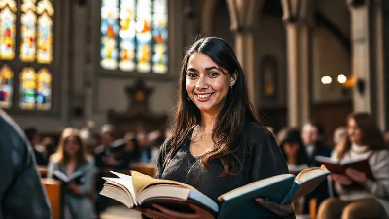 Joven estudia teología en iglesia iluminada