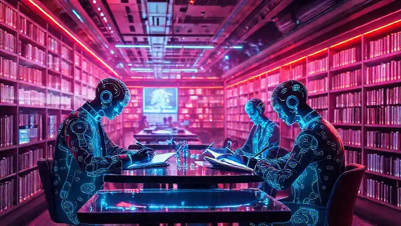 Biblioteca futurista con inteligencia artificial y hologramas