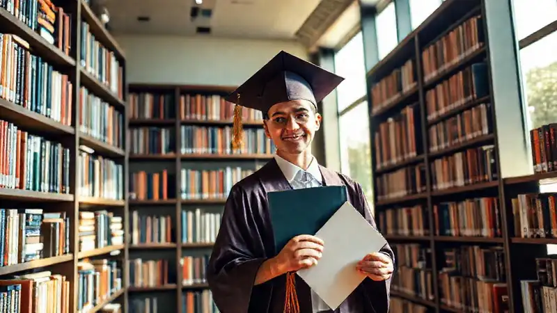 Biblioteca moderna, graduado, libros y luz cálida