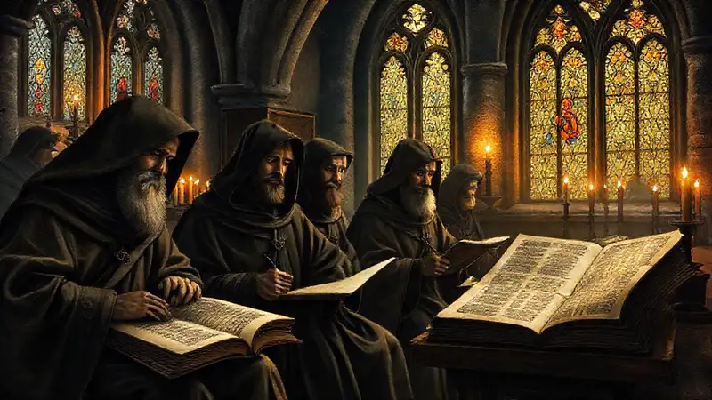 Escuela medieval con libros y arquitectura gótica