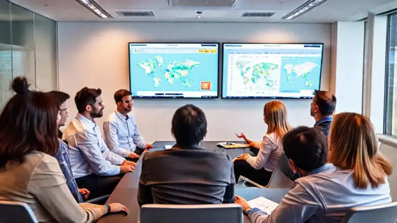 Reunión moderna de profesionales analizando mapas digitales