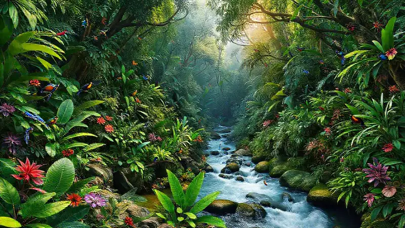Bosque tropical lleno de vida y color