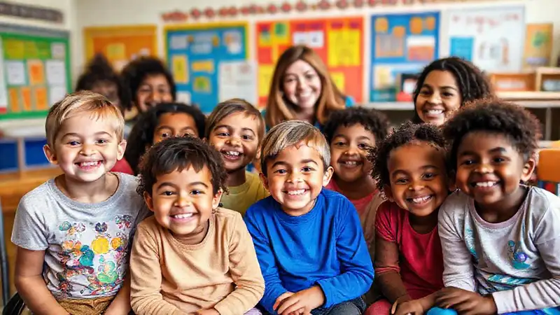 Niños con discapacidades en aula inclusiva feliz