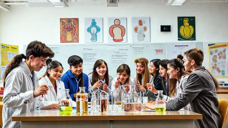 Estudiantes realizando experimentos en aula moderna