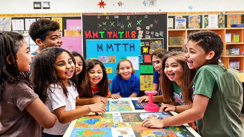 Estudiantes trabajan juntos en feria matemática colorida