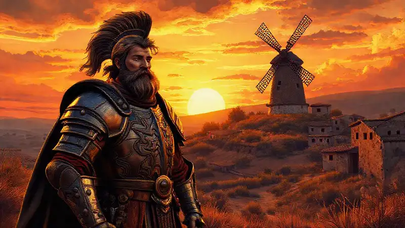 Don Quijote frente a un molino al atardecer