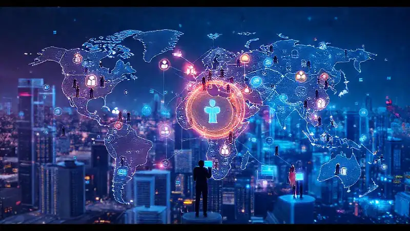 Mapa digital futurista con símbolos médicos y tecnología