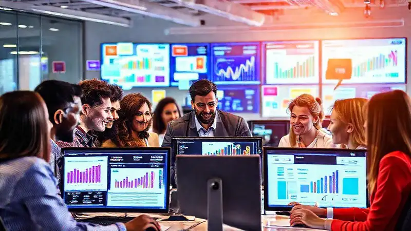 Oficina moderna, equipo diverso, tecnología y colaboración