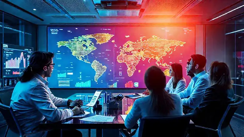 Sala de reuniones con investigadores y tecnología moderna