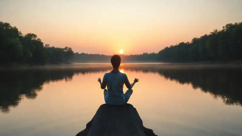 Persona tranquila meditando en lago sereno