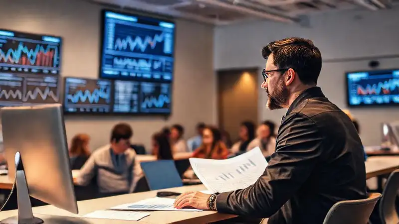 Economista profesional estudia gráficas en aula moderna