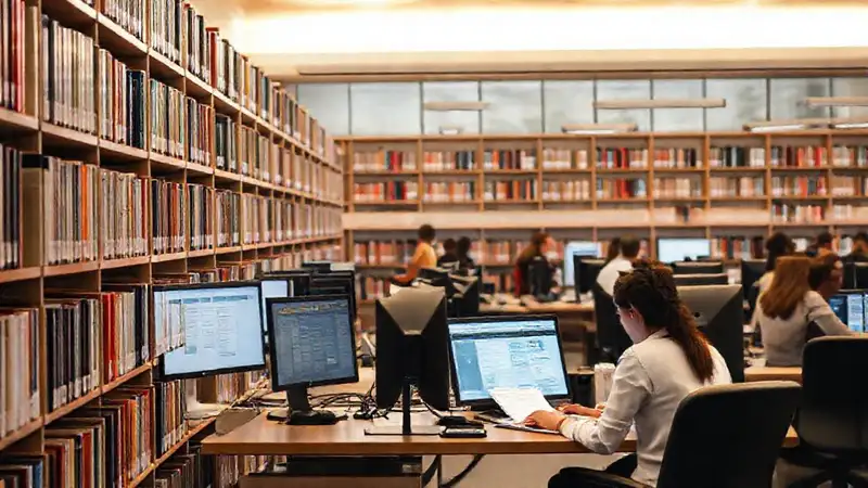Biblioteca moderna con libros y computadoras ordenadas