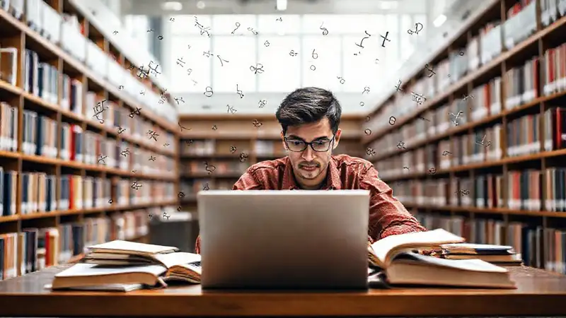 Estudiante estudiando matemáticas en biblioteca moderna