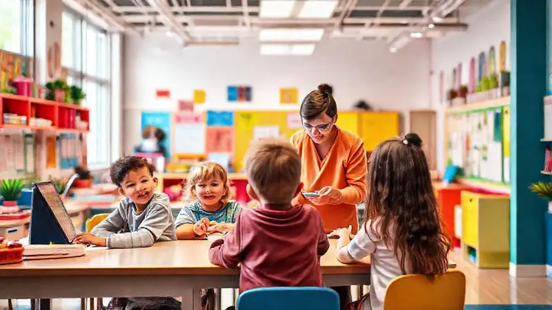 Aula moderna y colorida con niños colaborando