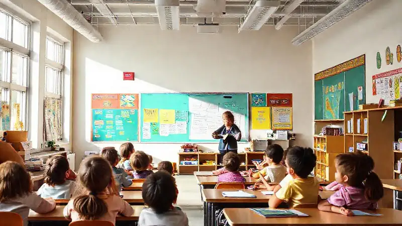 Aula colorida y dinámica con estudiantes activos