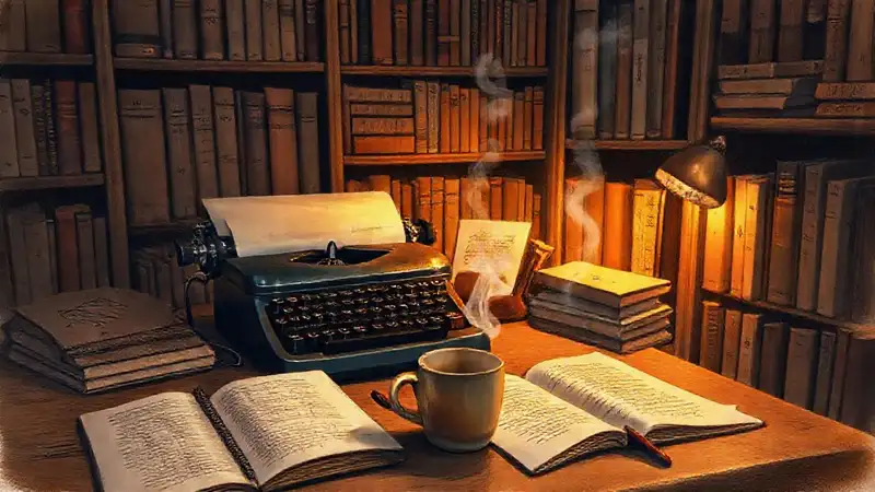 Rincón acogedor para escritores con libros y café