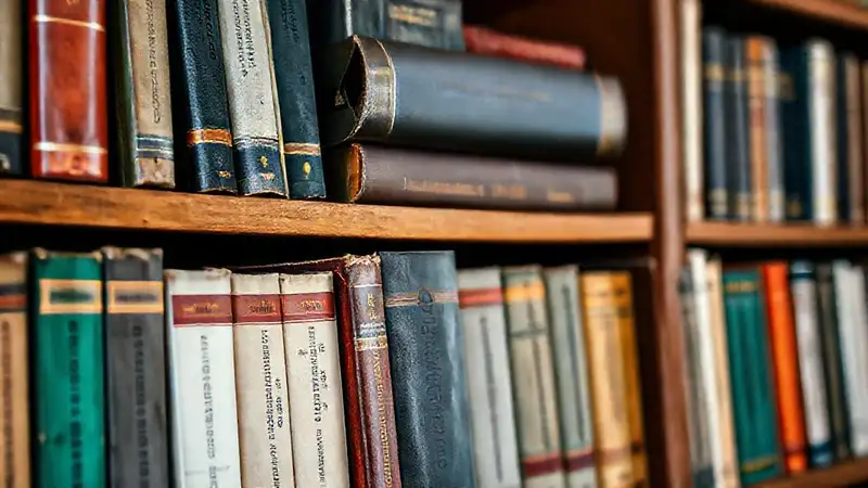 Estantería académica con libros destacados y coloridos