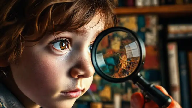 Persona explorando arte con lupa vintage
