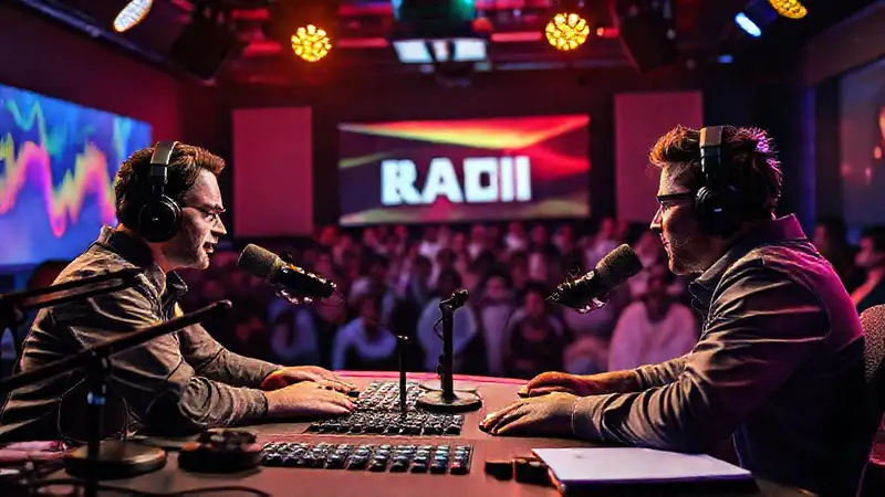 Estudio de radio con hosts enérgicos y tecnología