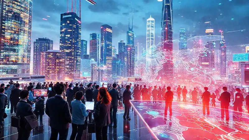 Ciudad futurista con tecnología y profesionales conectados